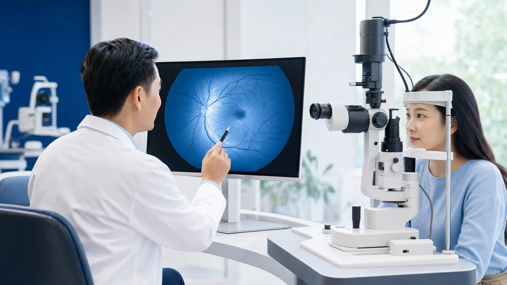 Bác sĩ phân tích ảnh võng mạc tại phòng khám mắt